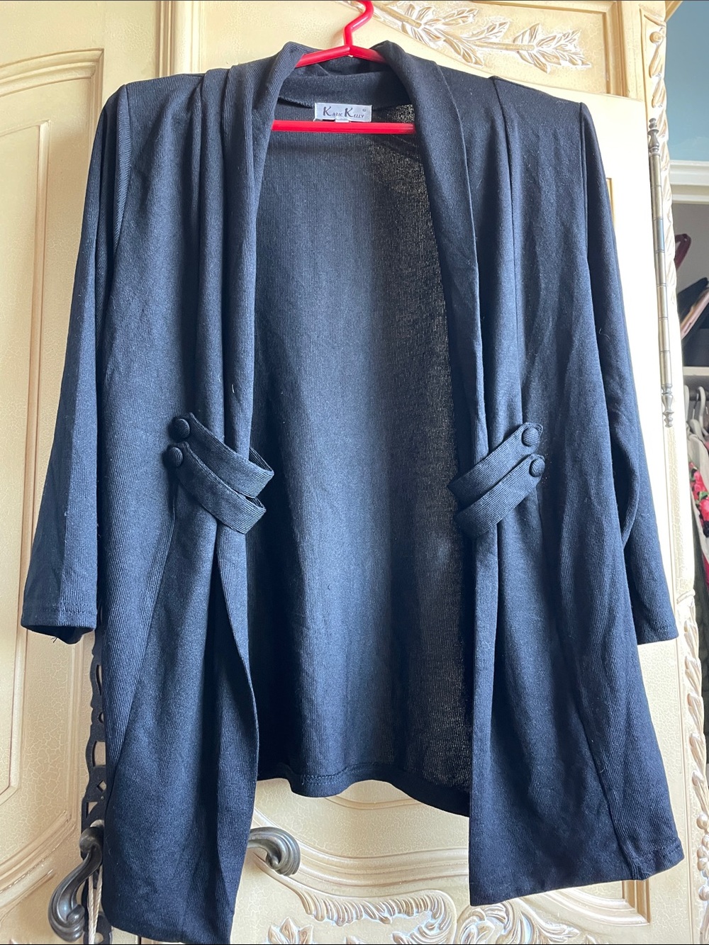 Kensie Black Open Drape Cardigan with Button Tab Detail